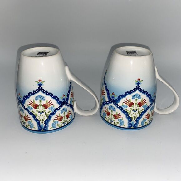 222 Fifth Tunisia Porcelain Floral Blue Coffee Cup Mug Set of 2 - Picture 8 of 10